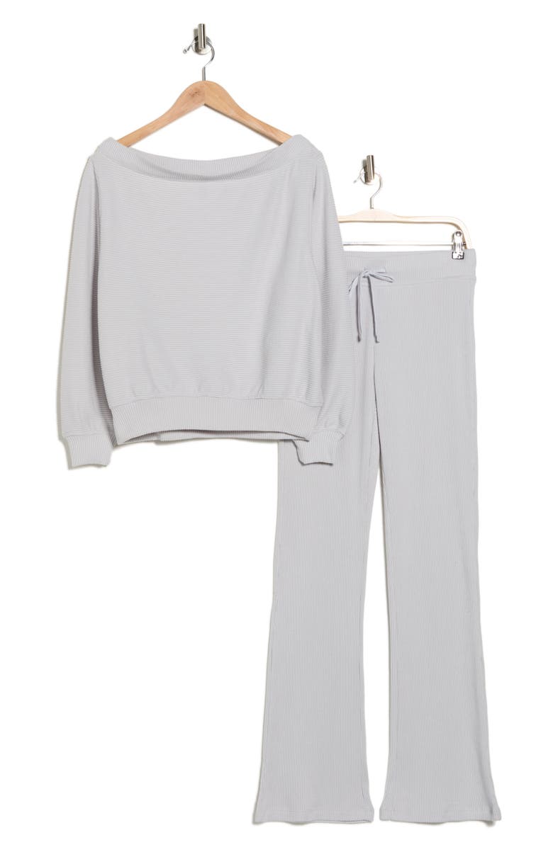 Abound Hacci One-Shoulder Top & Flared Pants Set, Alternate, color, Grey Micro