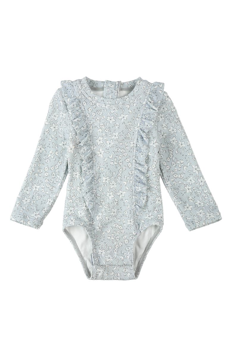 Petit Lem Vintage Flowers Long Sleeve One-Piece Swimsuit, Main, color, Light Blue