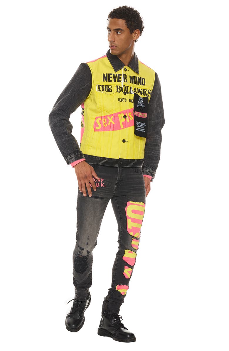 Cult of Individuality Punk Sex Pistols Distressed Rigid Super Skinny Jeans, Alternate, color, Bollocks