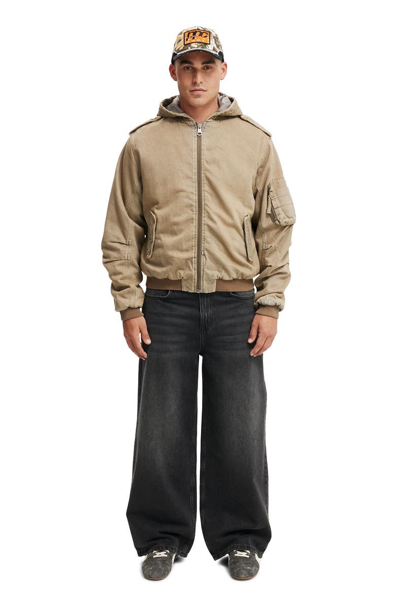 Cotton On Men's Denim Hooded Bomber Jacket, Alternate, color, Desert Brown