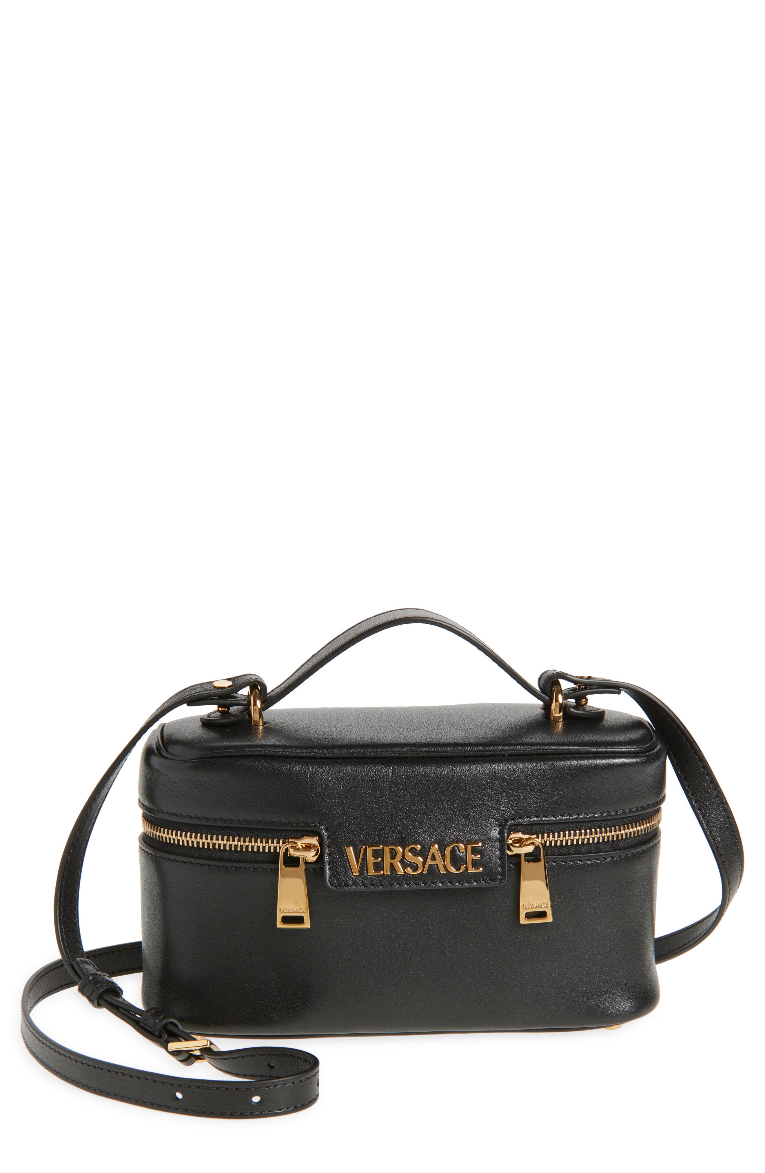Versace Logo Tag Leather Vanity Bag, Main, color, 