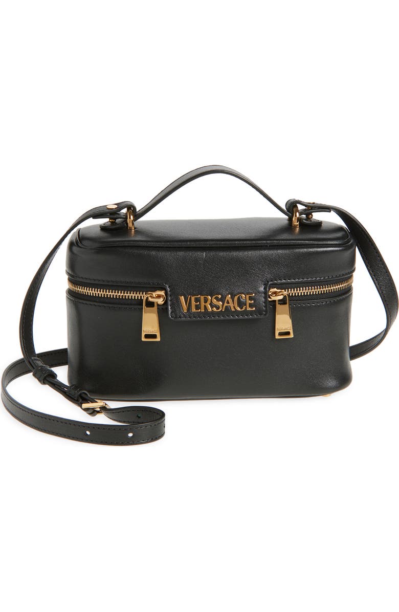 Versace Logo Tag Leather Vanity Bag, Main, color,