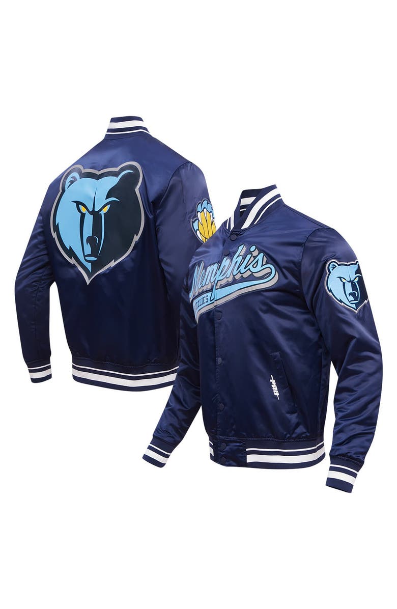 PRO STANDARD Men's Pro Standard Navy Memphis Grizzlies Script Tail Full-Snap Satin Varsity Jacket, Main, color, 