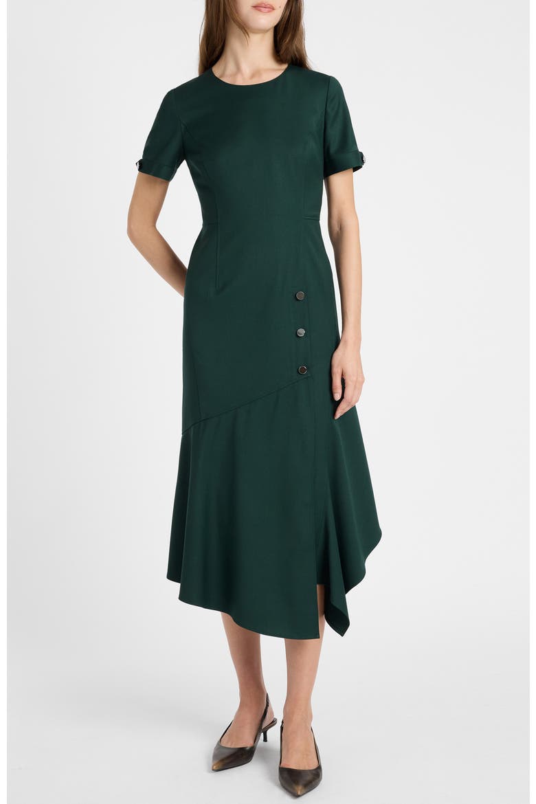 Raine Short Sleeve Hi-Lo Midi Dress in Soft Stretch Twill, Alternate, color, Evergreen