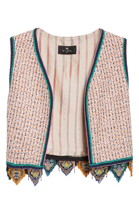 Bead Fringe Tweed Crop Vest