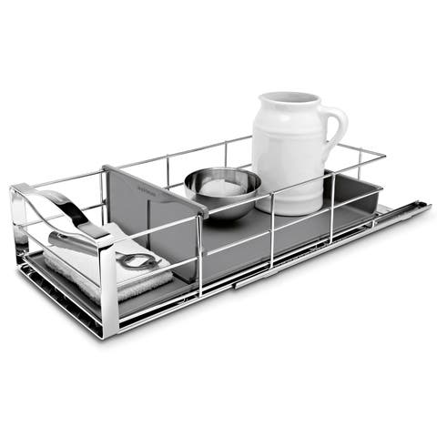 pull-out cabinet organizer, grey plastic with heavy-gauge steel frame