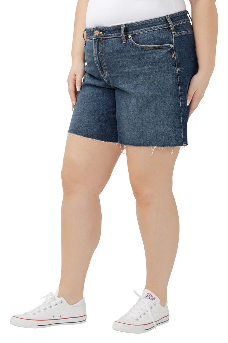 Suki Curvy Raw Hem Mid Thigh Denim Shorts, Alternate, color, BROOKS