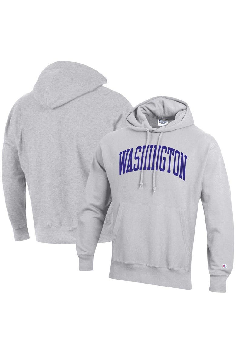 Men's Champion Heathered Gray Washington Huskies Team Arch Reverse Weave Pullover Hoodie, Main, color, Heather Gray