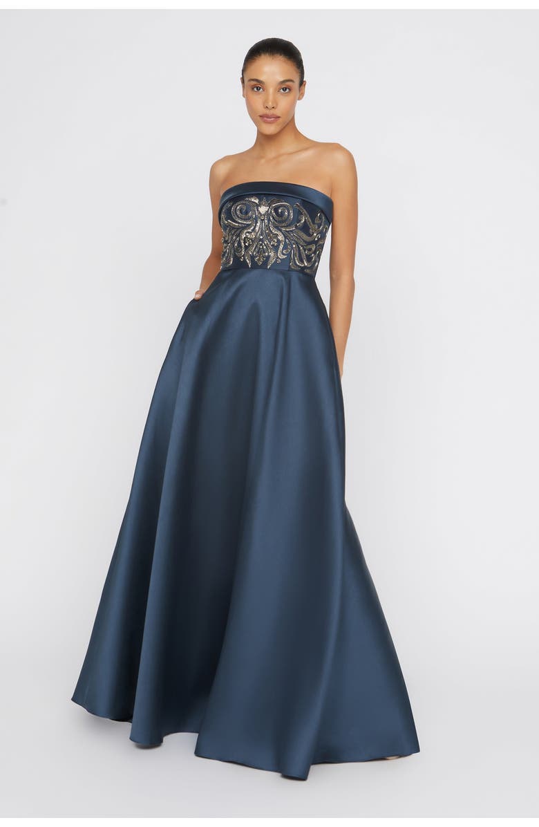 Theia Paloma Mikado A-Line Gown, Main, color, Odyssey Grey