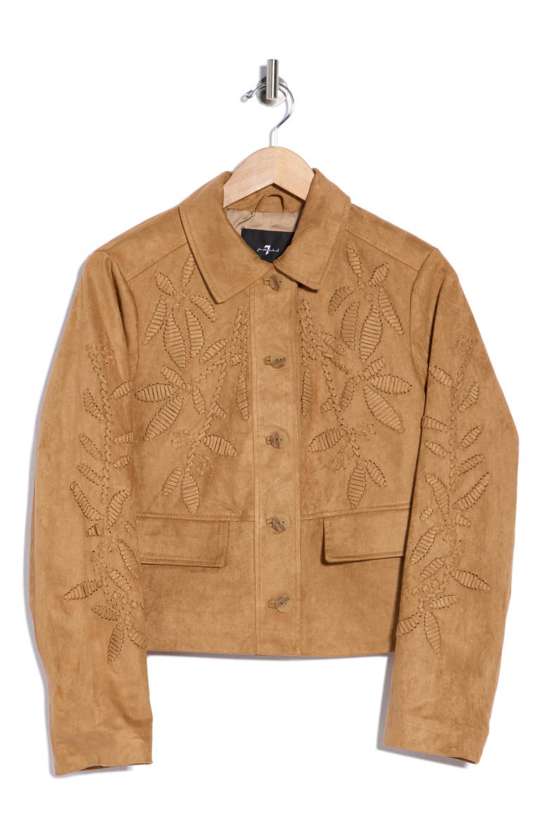 Embroidered Faux Suede Jacket, Main, color, CAMEL
