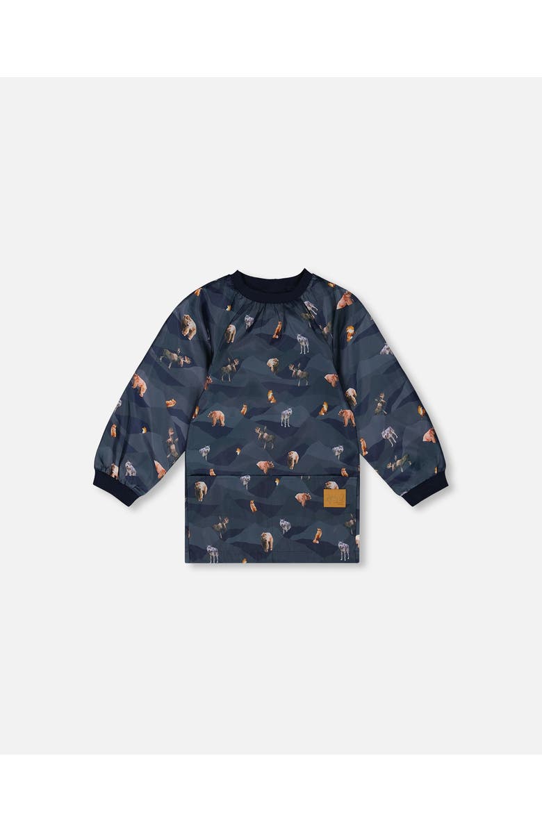 Deux par Deux Little Boy's School Apron Navy Printed Mountains Animals, Main, color, 
