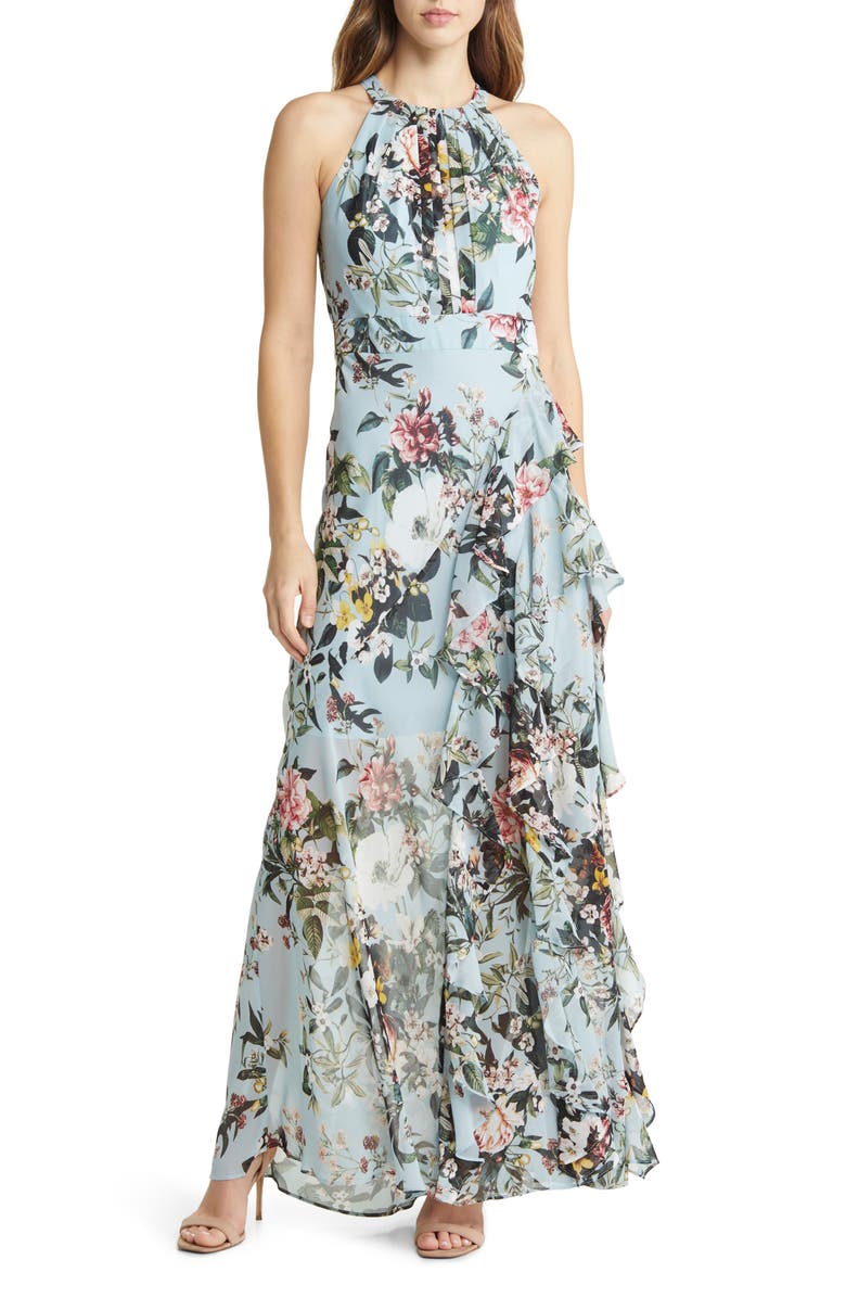Eliza J Floral Print Halter Neck Asymmetric Hem Dress, Main, color, 