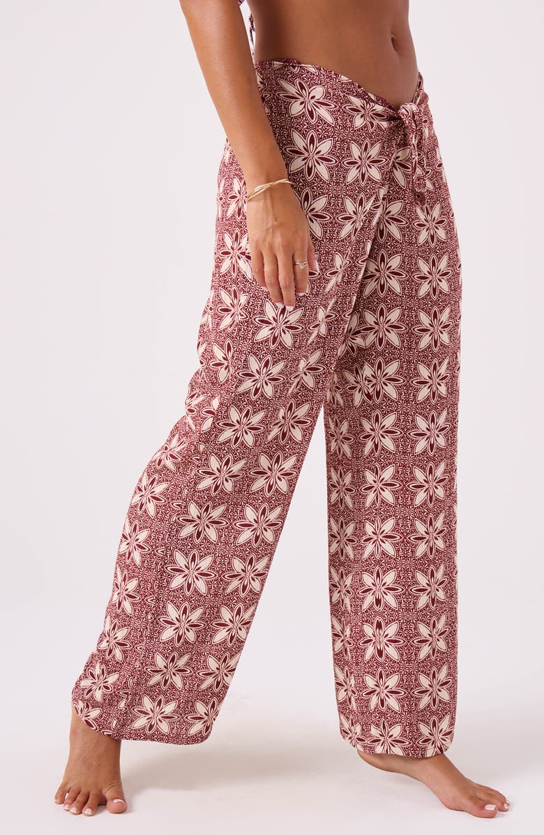 Roxy Batik Bloom Print Cover-Up Pants, Alternate, color, Port