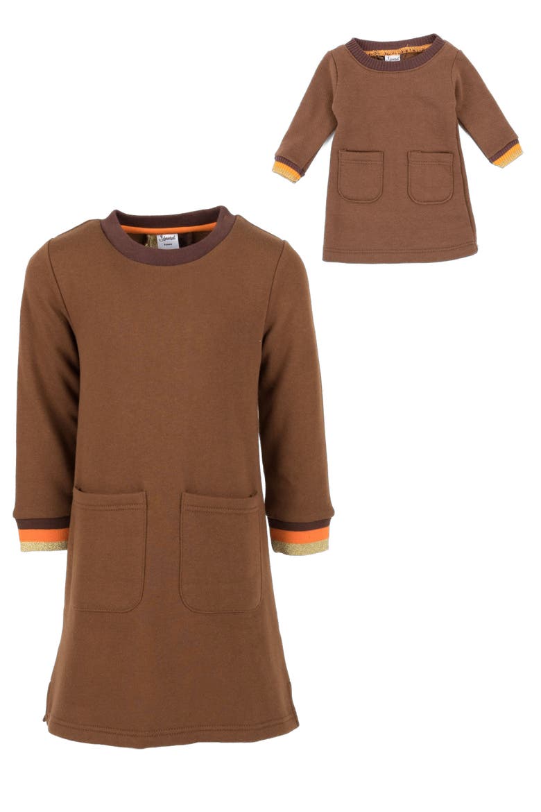 Girls Sweatshirt Dress with Matching Doll Dress, Alternate, color, BROWN