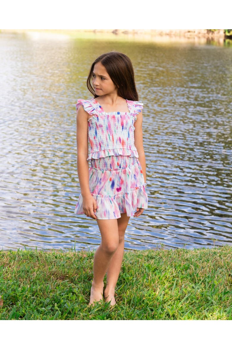 Kayla Smocked Bodice Top & Ruffle Skirt Set (Toddler, Little Kids, Big Kid)), Alternate, color, Hazy Ikat Seafoam