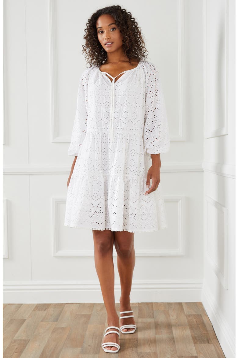 Tiered Long Sleeve Eyelet Dress, Alternate, color, OFF-WHITE