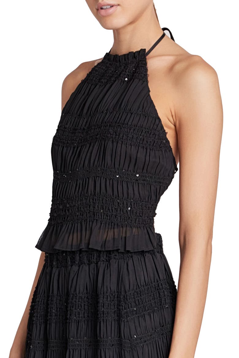 Sequin Shirred Open Back Chiffon Halter Top, Alternate, color, BLACK