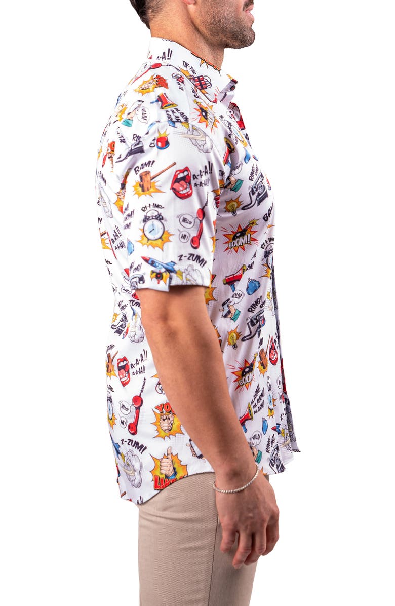 Maceoo Galileo Resistance0351 White Cartoon Print Short Sleeve Button-Up Shirt, Alternate, color, 