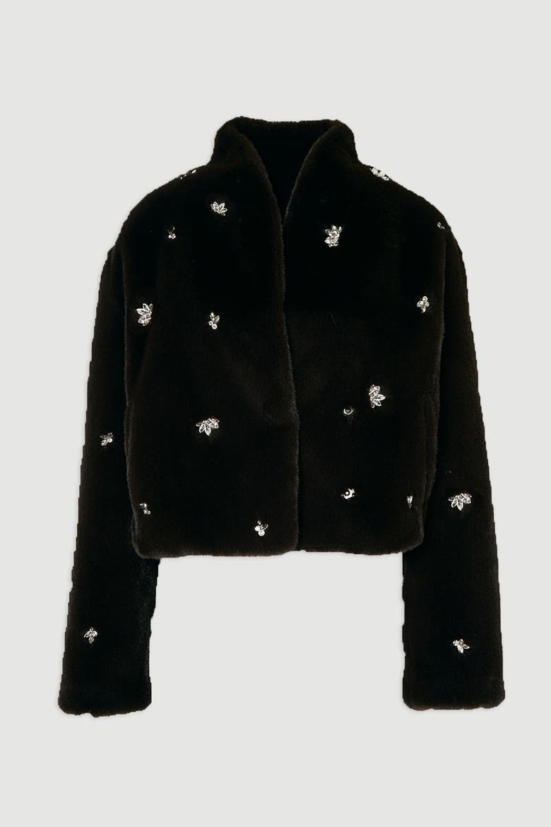 Crystal Embellished Faux Fur Short Coat, Alternate, color, Chocolate