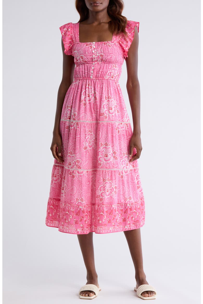 Fleur Flutter Sleeve Cotton & Silk Cover-Up Midi Dress, Main, color, BRIGHT PINK