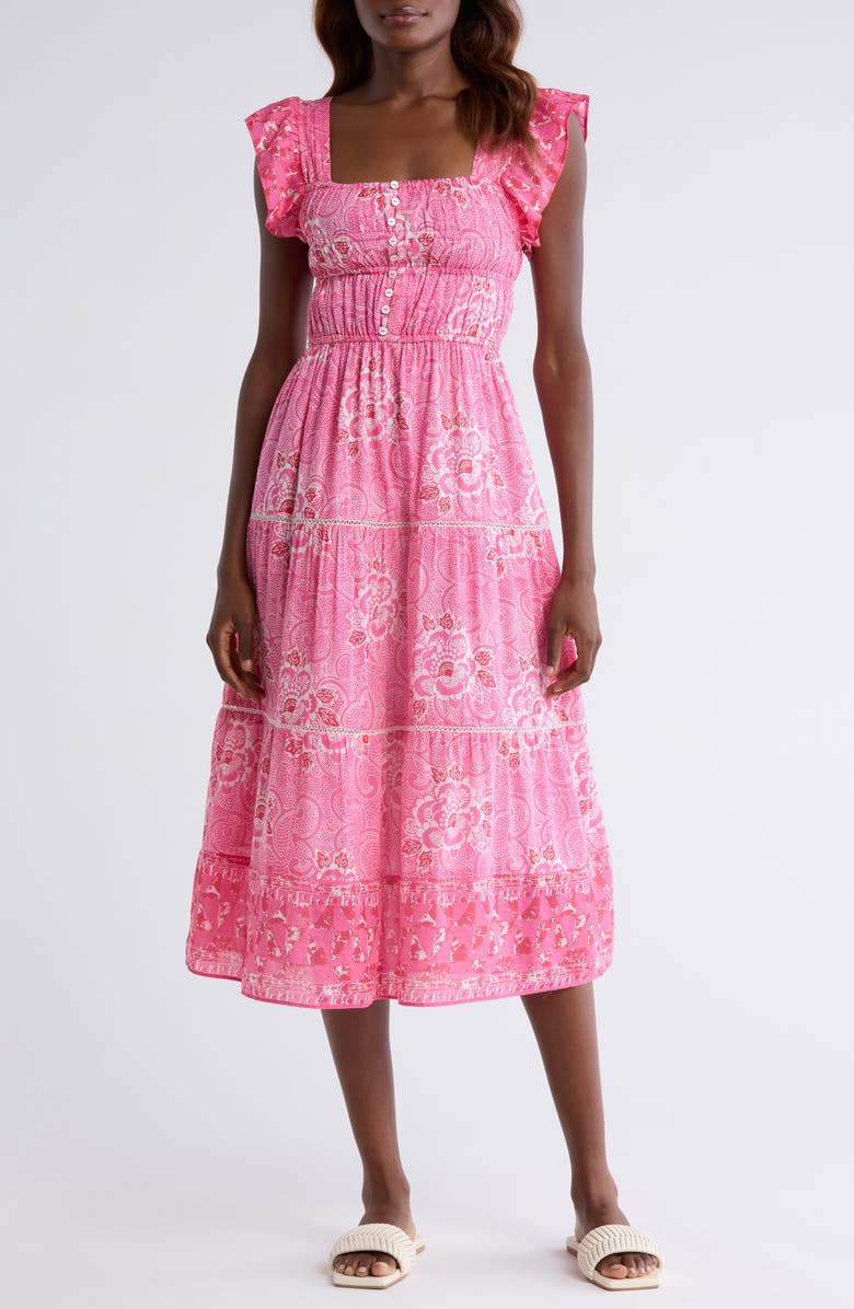 ALICIA BELL Fleur Flutter Sleeve Cotton & Silk Cover-Up Midi Dress, Main, color, Bright Pink