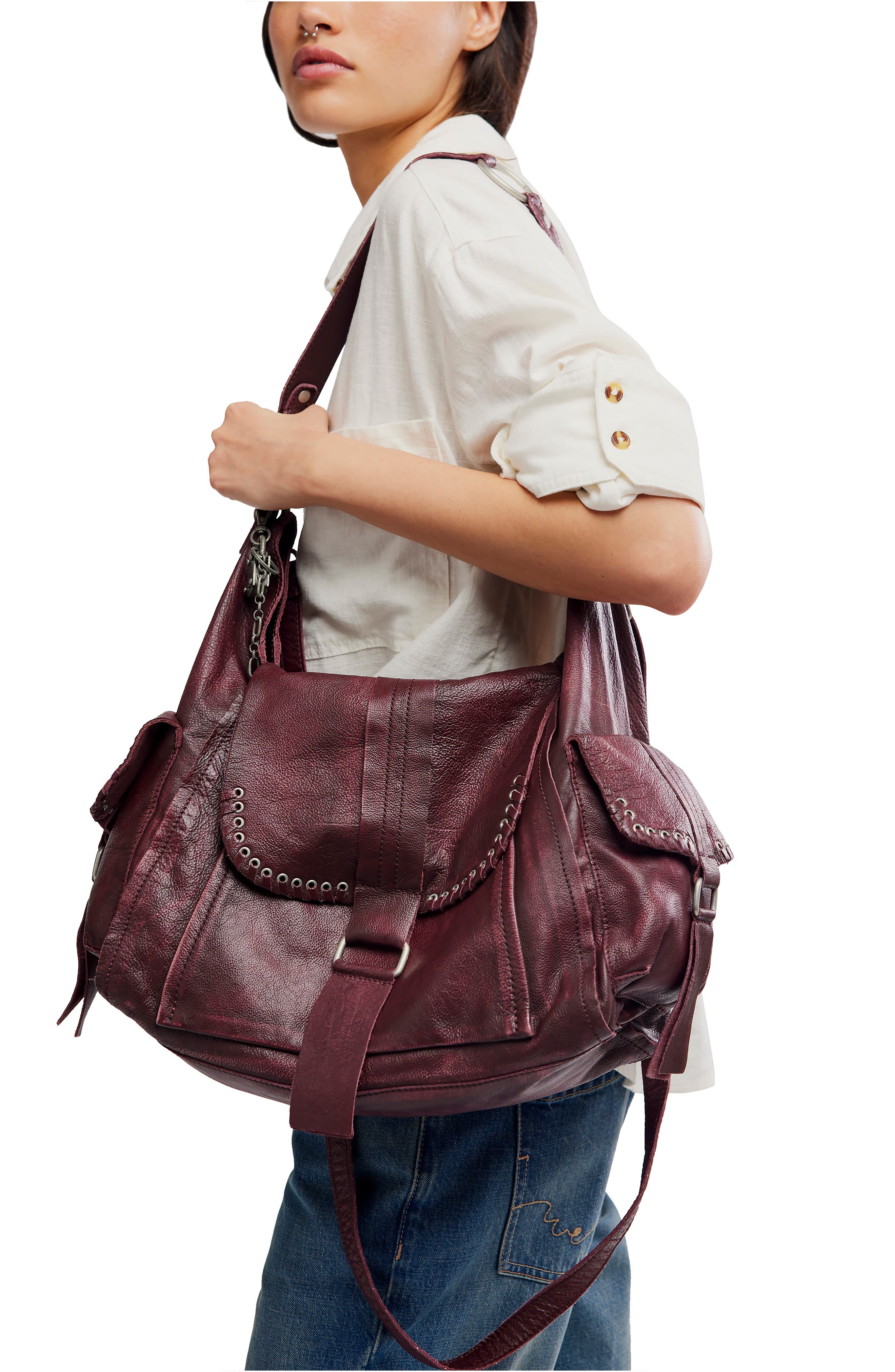 We The Free Leigh Distressed Leather Hobo Bag, Alternate, color, BLACKBERRY