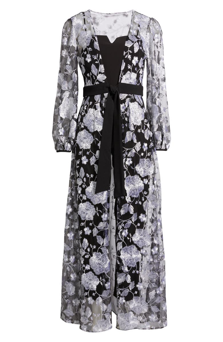 Julia Jordan Floral Embroidery Long Jacket & Jumpsuit Set, Alternate, color, Black/ Silver