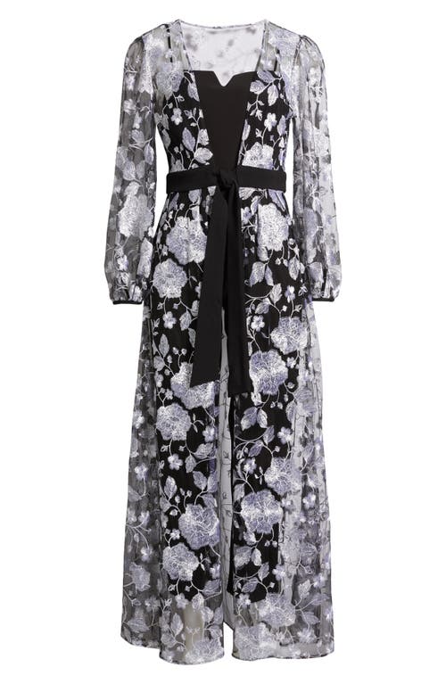Julia Jordan Floral Embroidery Long Jacket & Jumpsuit Set In Black/silver