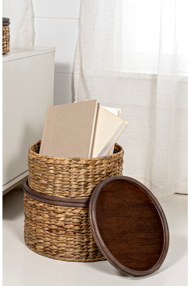 Gouda Southwestern Hand-Woven Hyacinth Circular Nesting Baskets with Wood Lids, Natural, Alternate, color, Natural