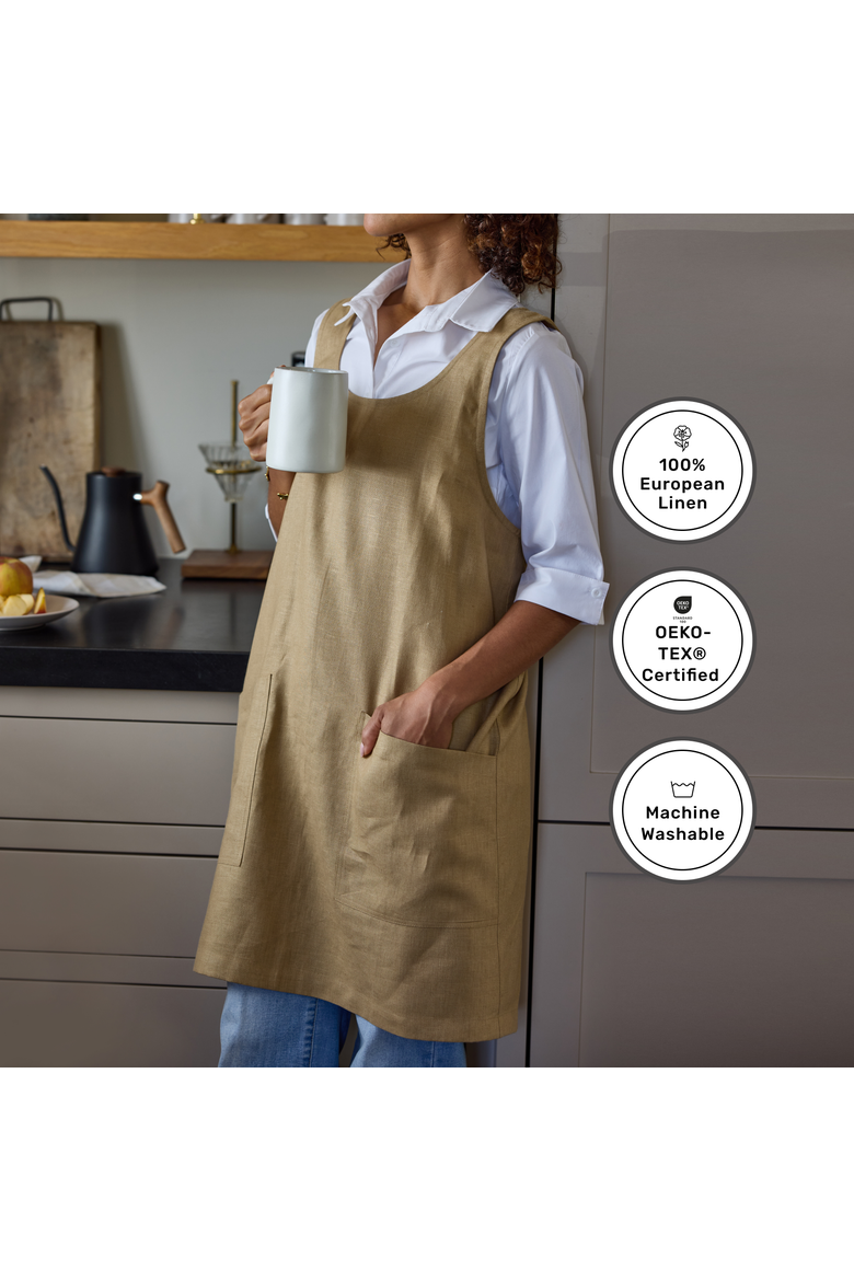 Linen Cross-Back Pinafore Apron with Pockets, 35 x 45 Inches, Main, color, Kelp