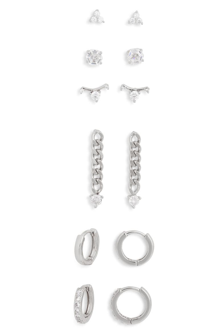 Set of 6 Cubic Zirconia Assorted Stud, Drop & Huggie Hoop Earrings, Main, color, CLEAR- SILVER