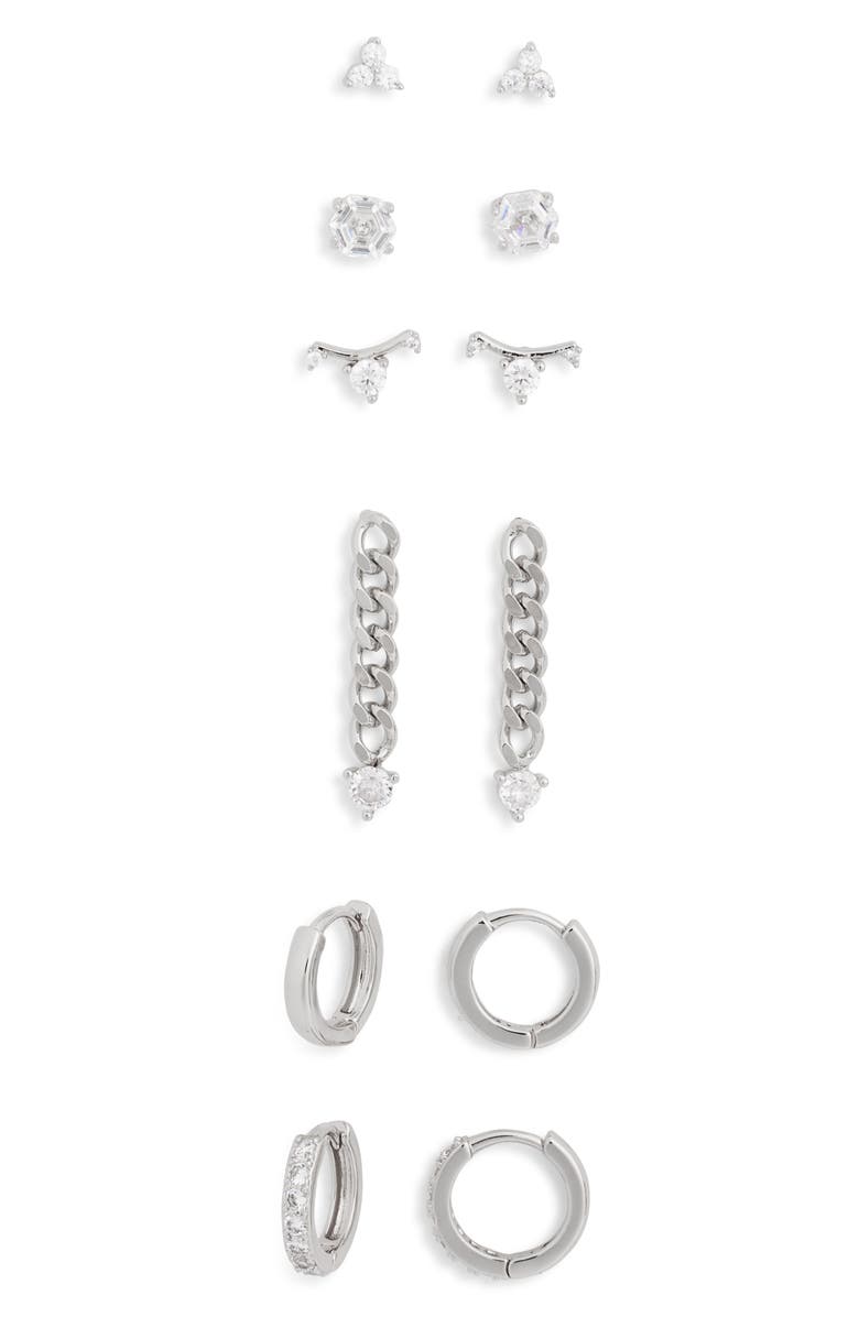 NORDSTROM RACK Set of 6 Cubic Zirconia Assorted Stud, Drop & Huggie Hoop Earrings, Main, color, Clear- Silver