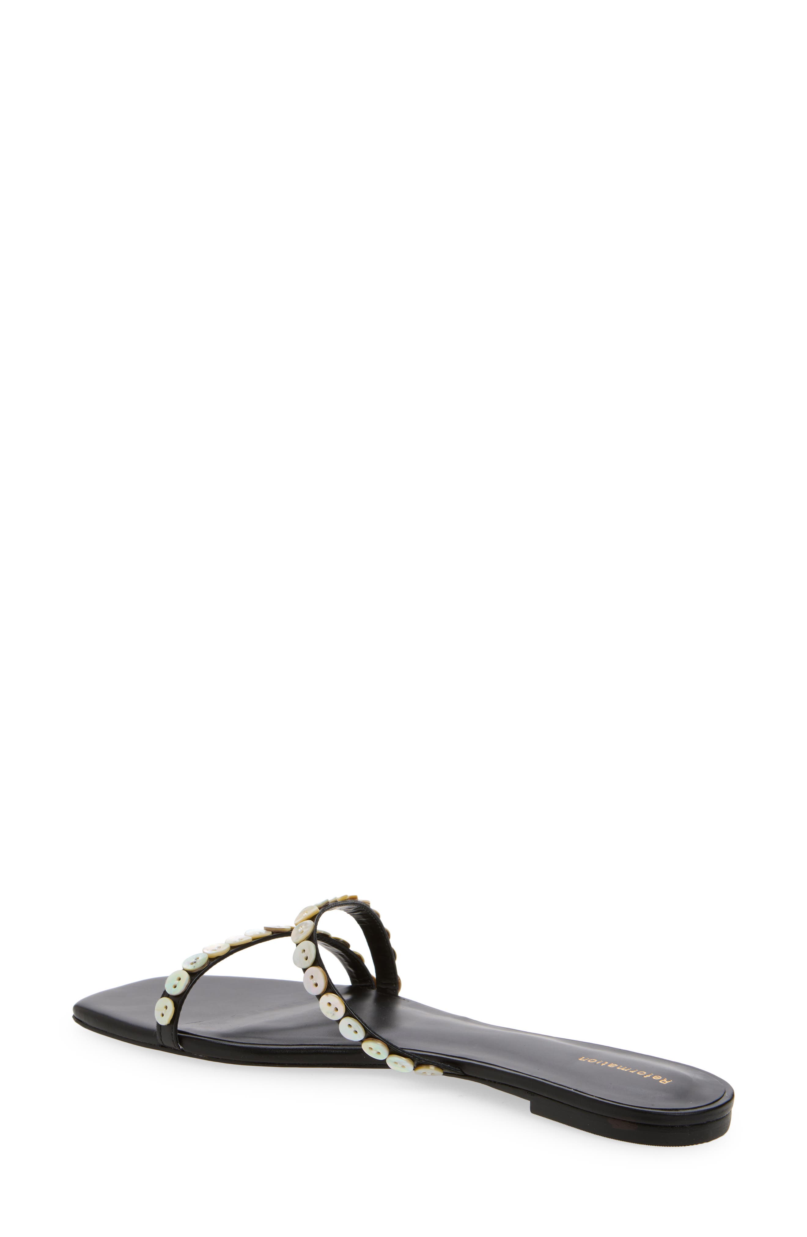 Reformation Shoshana Slide Sandal, Alternate, color, Black Leather Shell Buttons