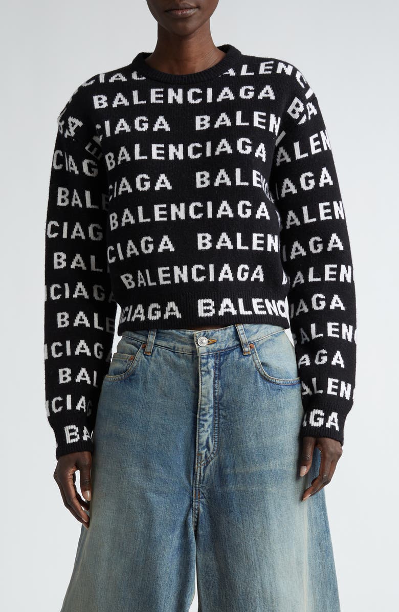 Balenciaga Allover Logo Crop Wool Blend Sweater, Main, color,