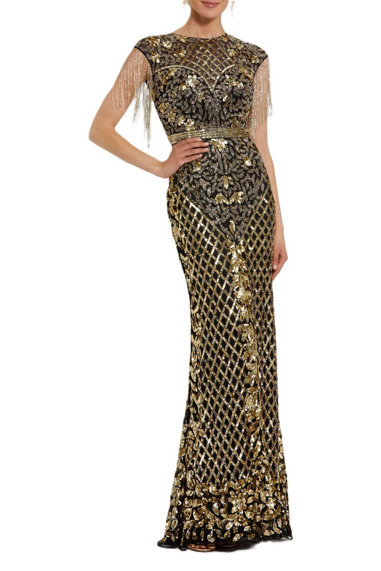 High Neck Sleeveless Beaded Fringe Fitted Gown, Main, color, Black Gold