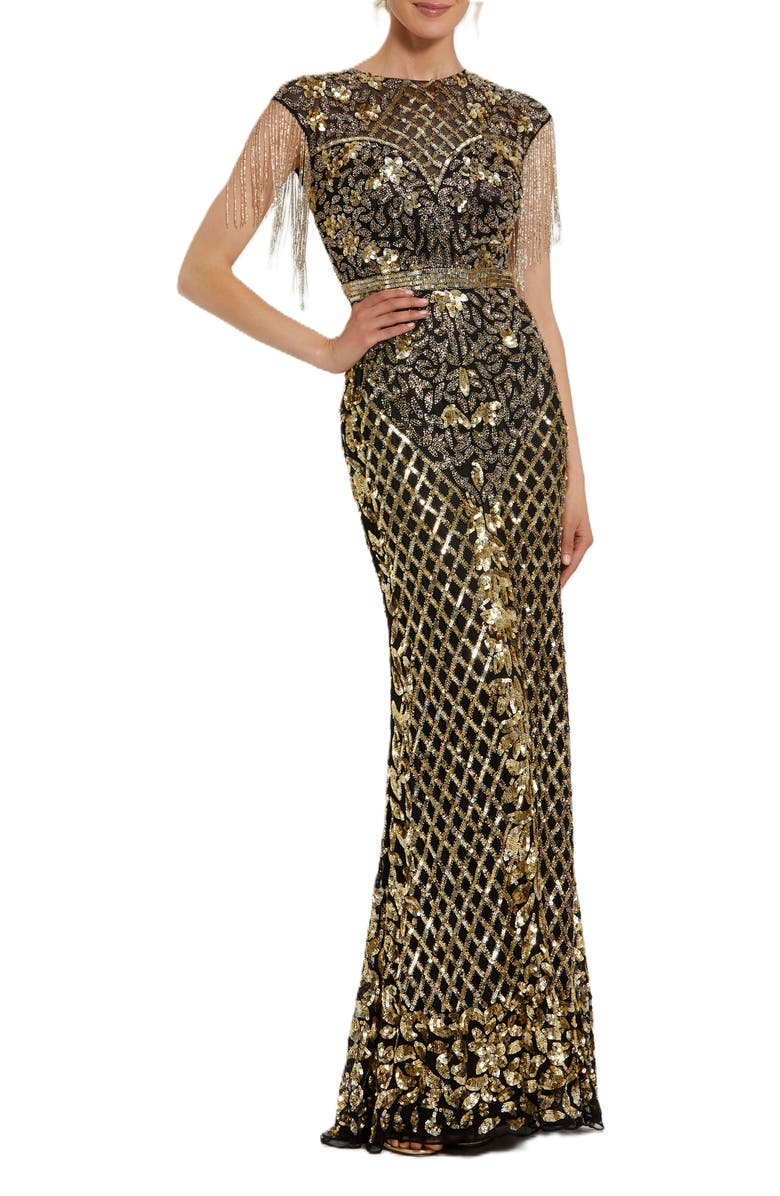 Mac Duggal High Neck Sleeveless Beaded Fringe Fitted Gown, Main, color, Black Gold