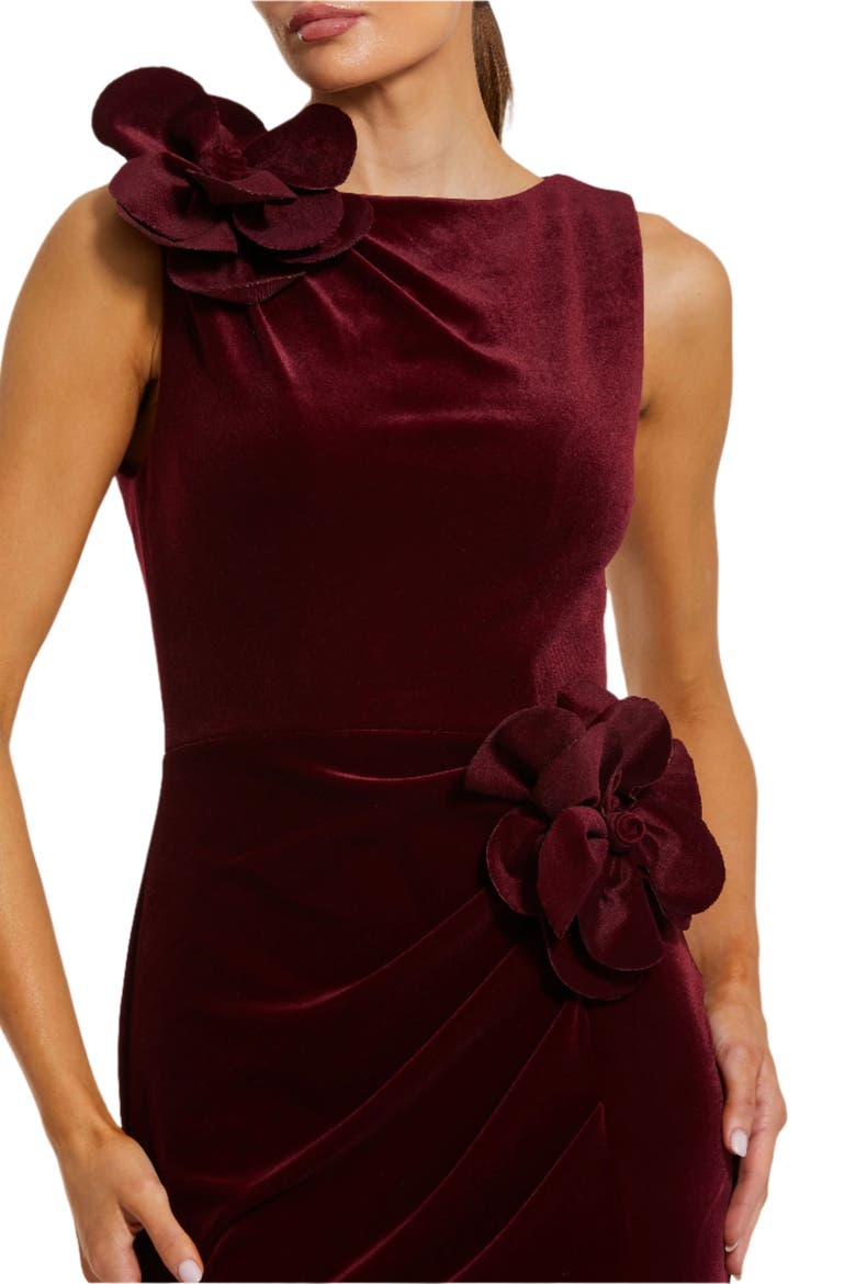 Women's High Neck Velvet Column Gown with 3D Floral Accents, Alternate, color, Burgundy