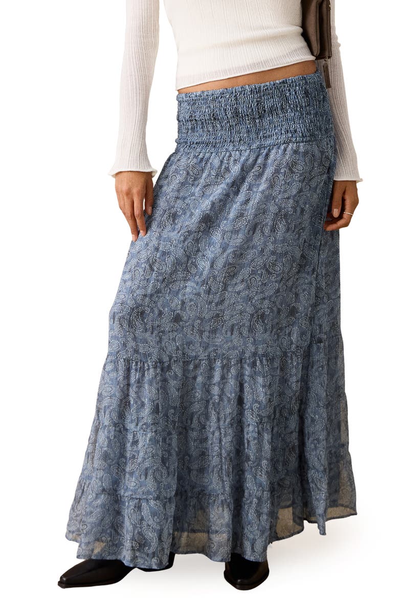 MANGO TEEN Smocked Print Maxi Skirt, Main, color, Sky Blue