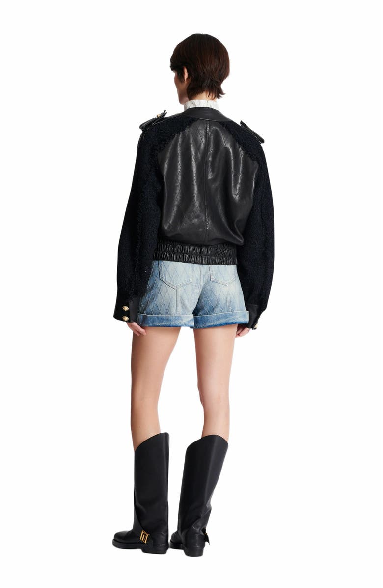 Balmain Tweed And Leather Bomber Jacket, Alternate, color, Black