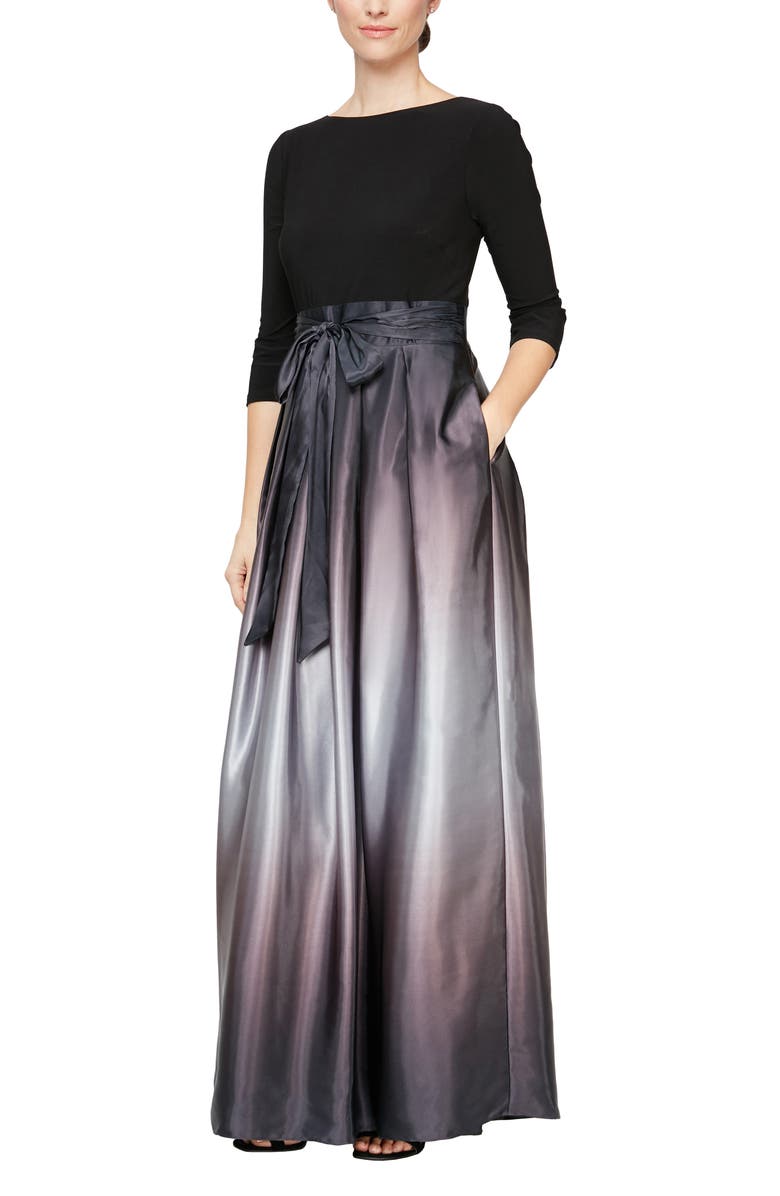 SL FASHIONS Tie Waist Ombrè Skirt Gown, Main, color, Bks