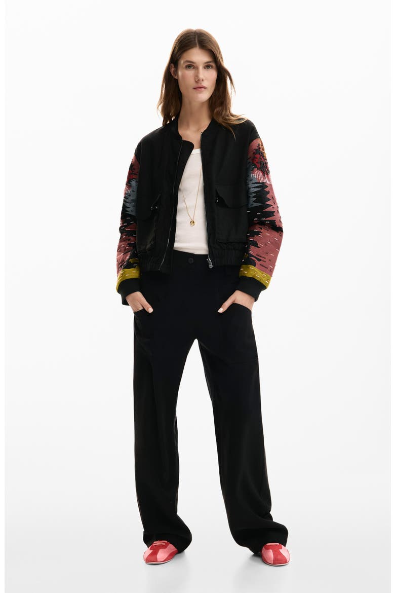 Bead Detail Mixed Media Bomber Jacket, Alternate, color, BLACK