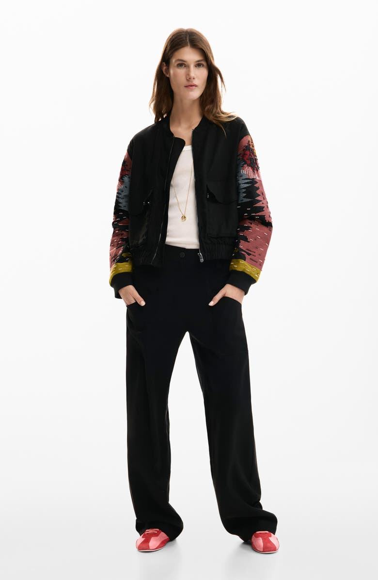 Desigual Bead Detail Mixed Media Bomber Jacket, Alternate, color, 