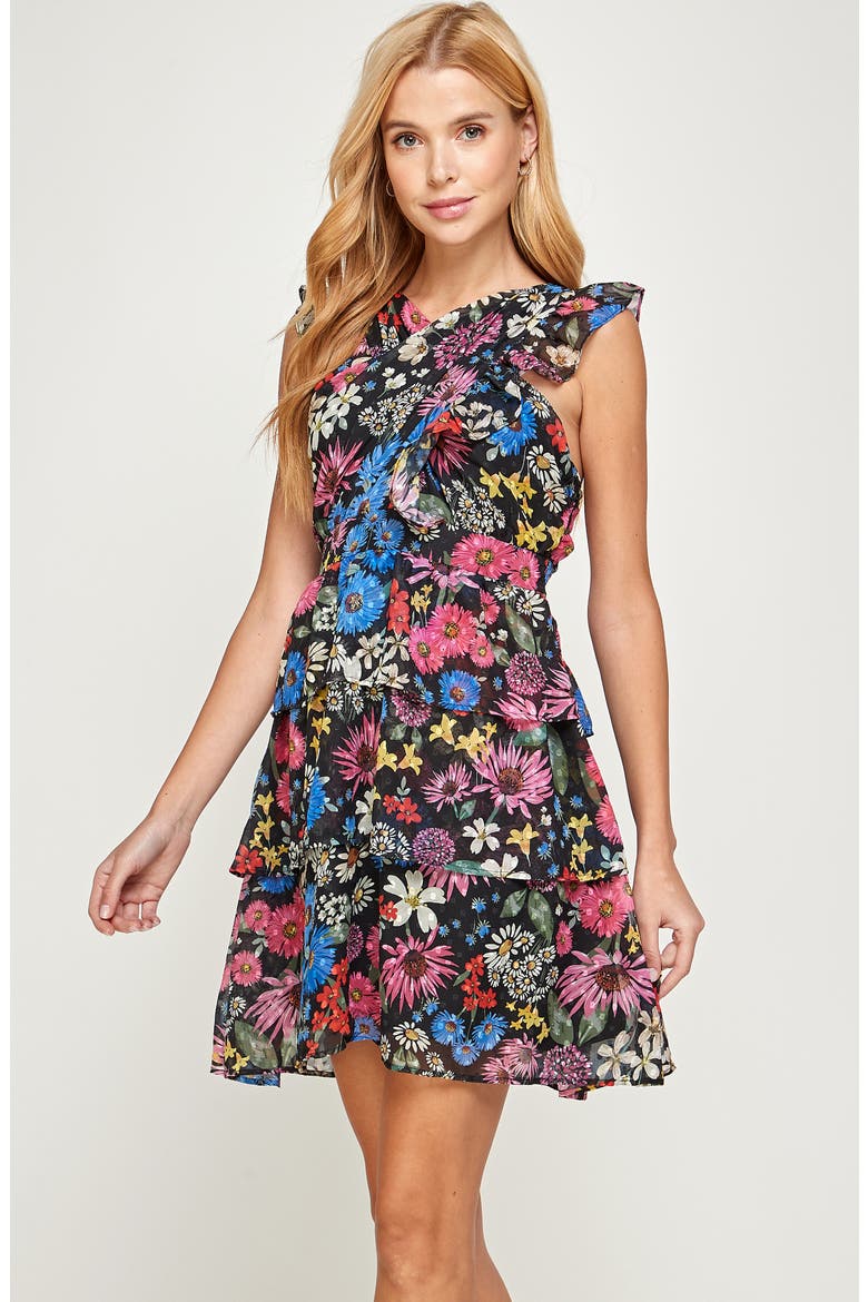 Floral Print Flutter Sleeve Mini Dress, Alternate, color, BLACK MULTI