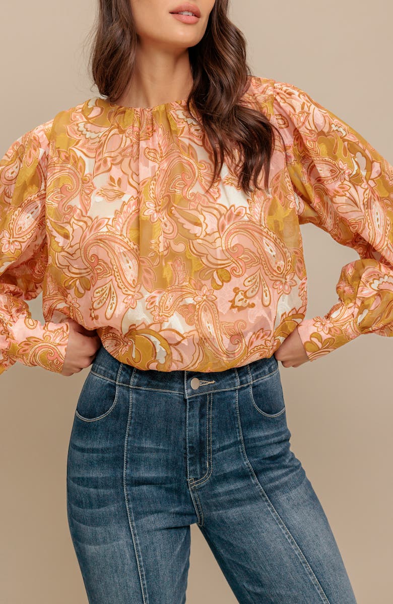 FLYING TOMATO Print Jacquard Long Sleeve Top, Alternate, color, Camel