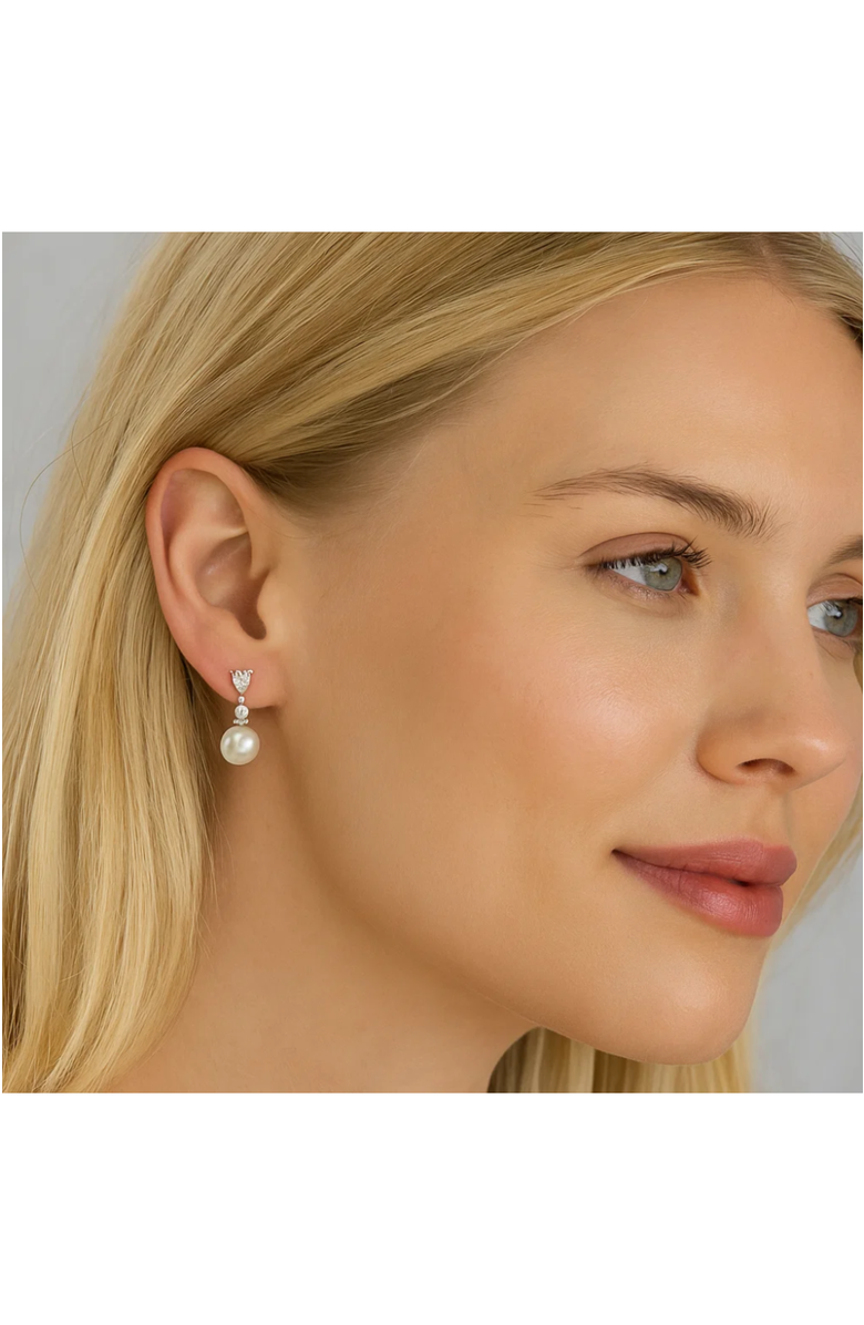 Hollywood Sensation Pearl Drop Earrings with Cubic Zirconia  Accents Earrings, Alternate, color, Silver