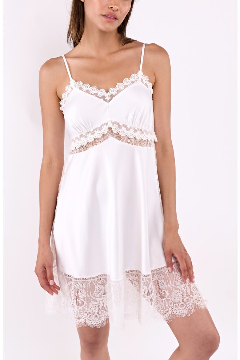 Skyler Lace Trim Stretch Charmeuse Chemise, Alternate, color, IVORY
