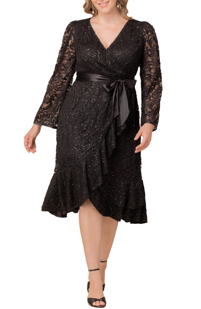 Kiyonna Cosmopolitan Sequin Lace Long Sleeve Cocktail Dress, Main, color, Onyx