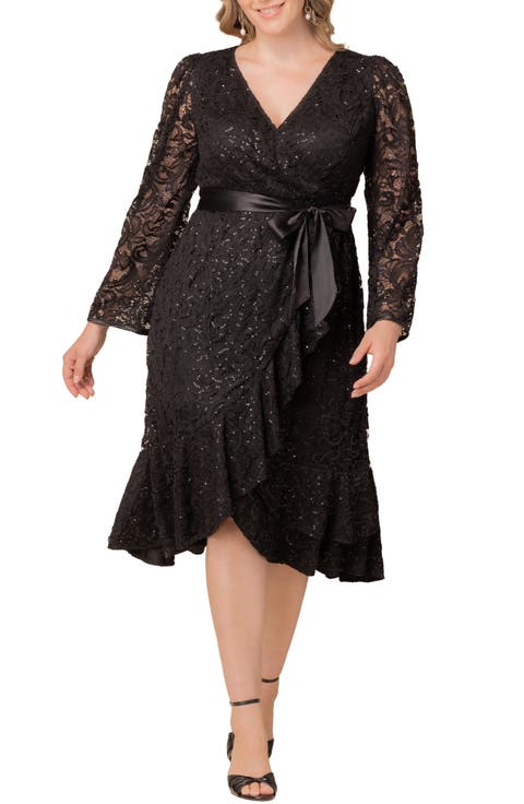 Cosmopolitan Sequin Lace Long Sleeve Cocktail Dress (Plus)