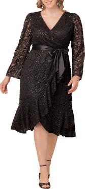 Kiyonna Cosmopolitan Sequin Lace Long Sleeve Cocktail Dress