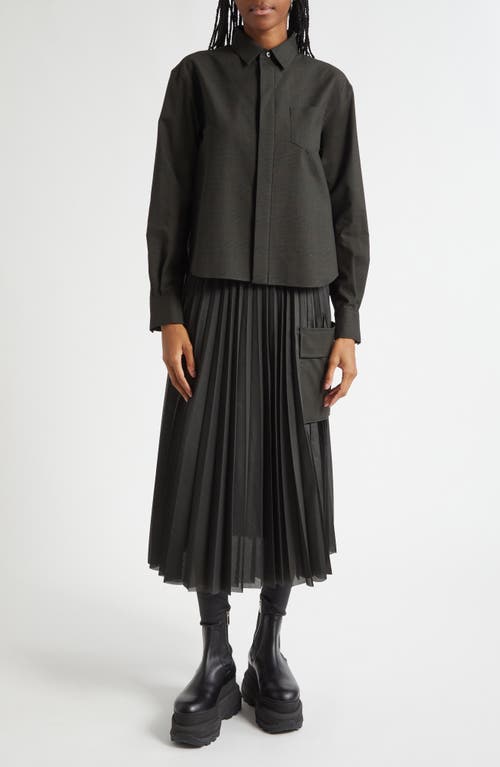 Sacai Glen Check Mixed Media Button-up Shirt In Black